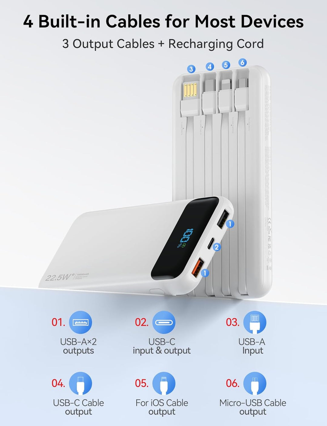 Cargador portátil de 10000 mAh integrado con 4 cables, cargador de...
