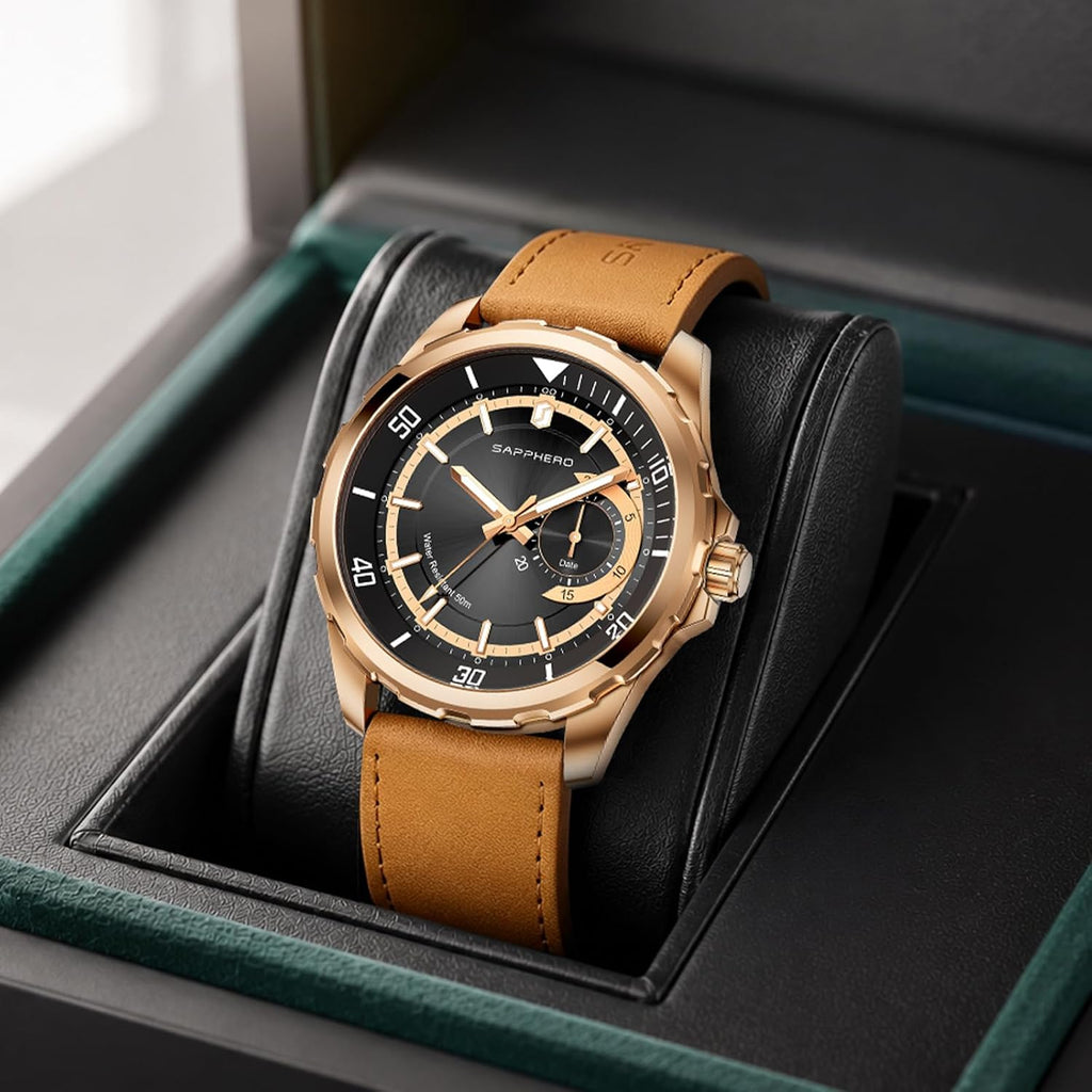 SAPPHERO Reloj para hombre con subesfera de fecha/esfera de números arábigos, cuarzo analógico, correa de acero inoxidable/piel, 164 ft impermeable, reloj de pulsera de vestir casual para trabajo de