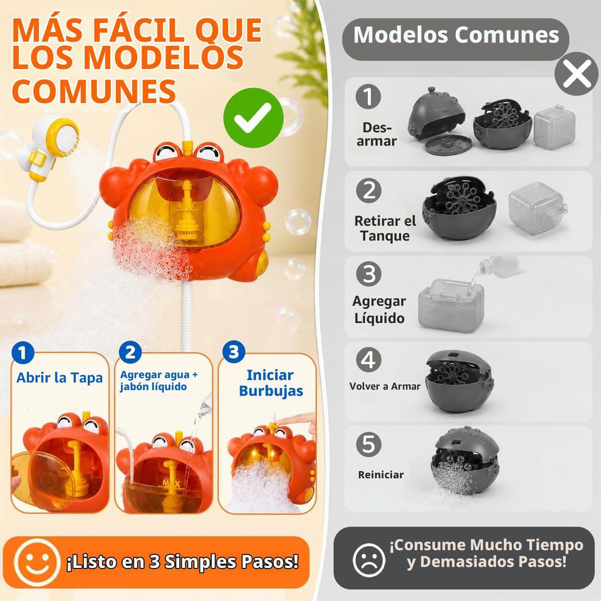 Juguetes de baño de cangrejo, máquina de baño de burbujas 4 en 1 con cabezal de ducha, luz para niños pequeños y máquina de burbujas de baño, juguete de bañera para bebés de 1 a 3, 4 a 8 años