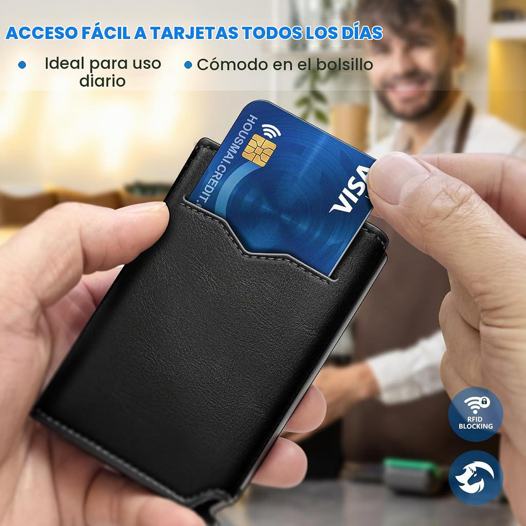 Cartera para hombre, tarjetero desplegable delgado con bloqueo RFID, billetera triple minimalista con 10 ranuras para tarjetas, bolsillo para efectivo y 2 ventanas para identificación, funda