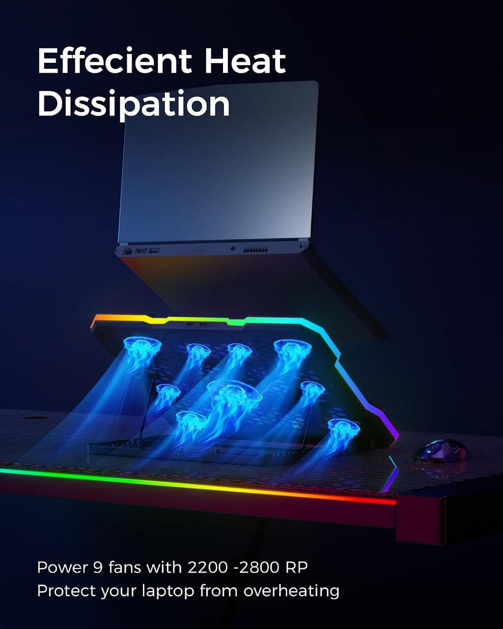 Almohadilla de enfriamiento para laptop, enfriador de laptop con luces RGB, 9 ventiladores para laptops de 15.6-19.3 pulgadas, almohadilla de enfriamiento con ventilador para laptop de