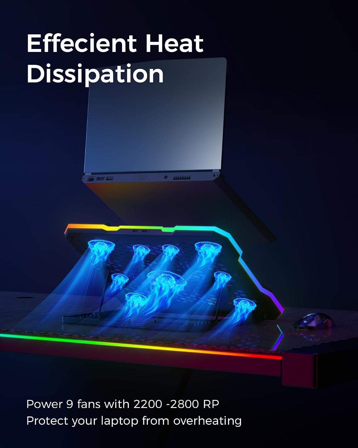 Almohadilla de enfriamiento para laptop, enfriador de laptop con luces RGB, 9 ventiladores para laptops de 15.6-19.3 pulgadas, almohadilla de enfriamiento con ventilador para laptop de