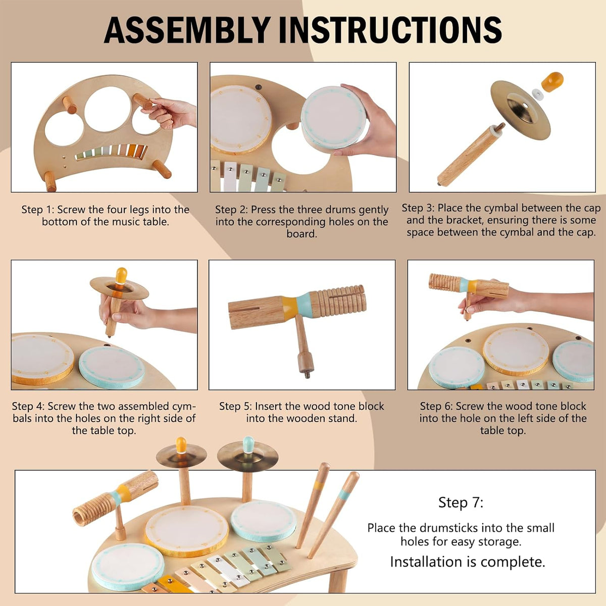 Juego de batería de madera para niños de 2 a 3 años Montessori Instrumentos Musicales Juguete