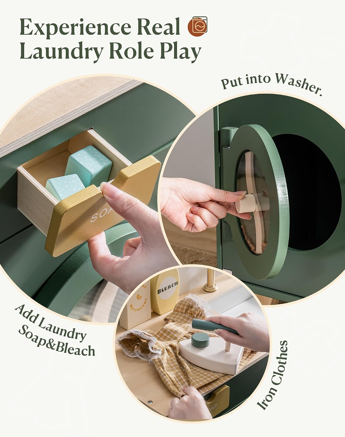ROBUD Cocina de juego para niños, lavadora multifunción de madera para niños, juego de cocina para niños, lavadora de juguetes de cocina con accesorios, regalo perfecto para bebés de 3 a 8 años