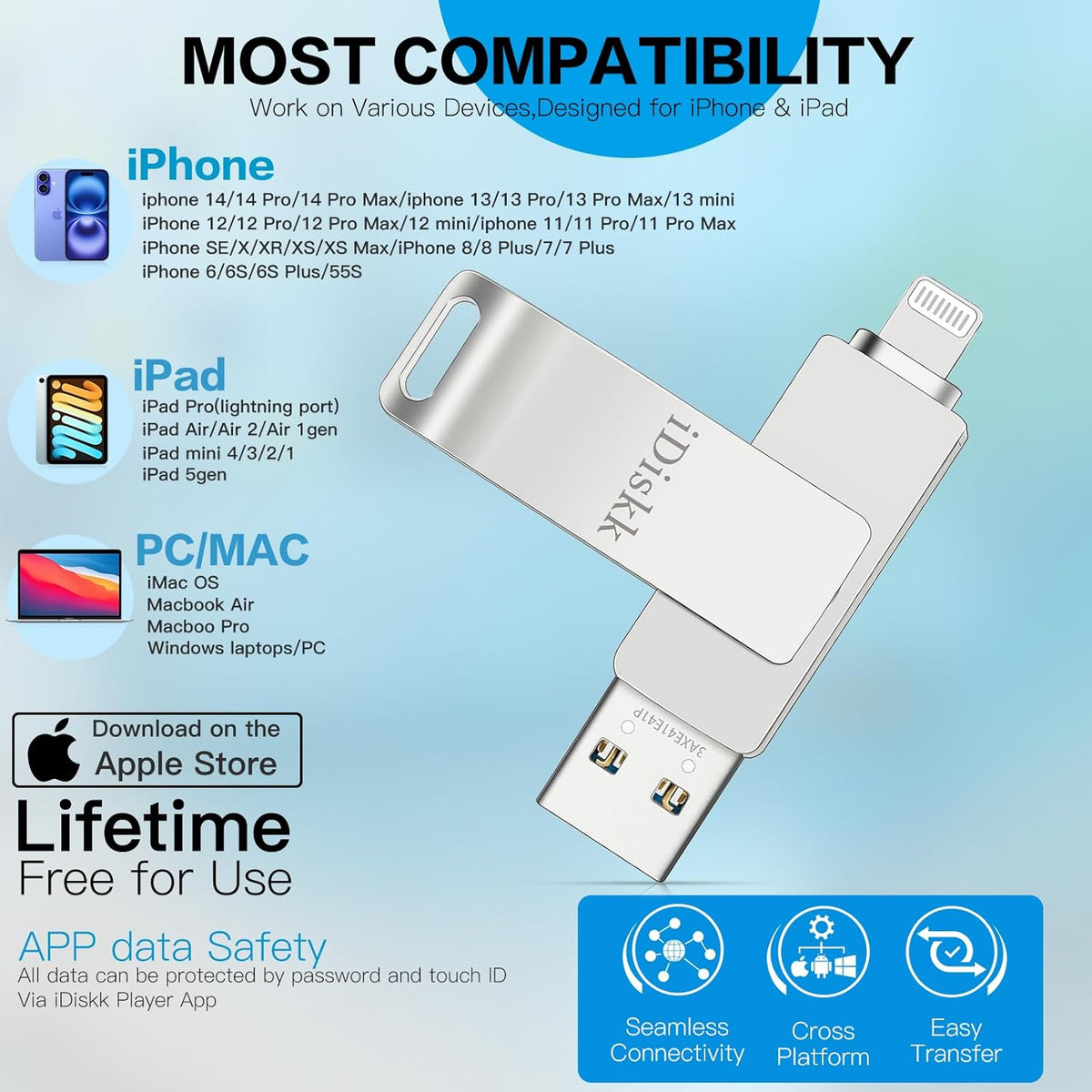 iDiskk 512GB Certificado Mfi, Unidad Flash para iPhone, Fotos y Vid...