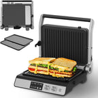 Prensa Panini, parrilla de contacto de 4 rebanadas con parrilla antiadherente extraíble y platos planos, fabricantes de panini con control de temperatura y temporizador, abierto a 180 grados, parrilla y plancha (negro medio con digital)