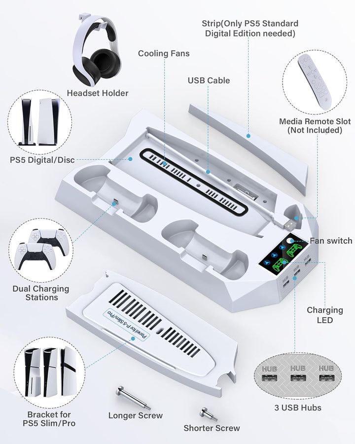 PS5\/PS5 Slim\/PS5 Pro Stand and Cooling Station with Dual Controll...