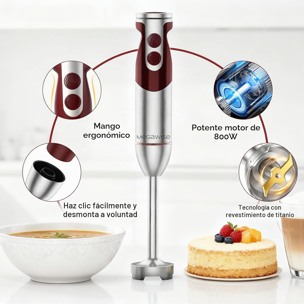 MEGAWISE - Batidora de mano de inmersión 3 en 1, batidora de barra de 12 velocidades con turbo, batidor de huevo y espumador de leche para sopas, salsas, batidos y alimentos para bebés, rojo