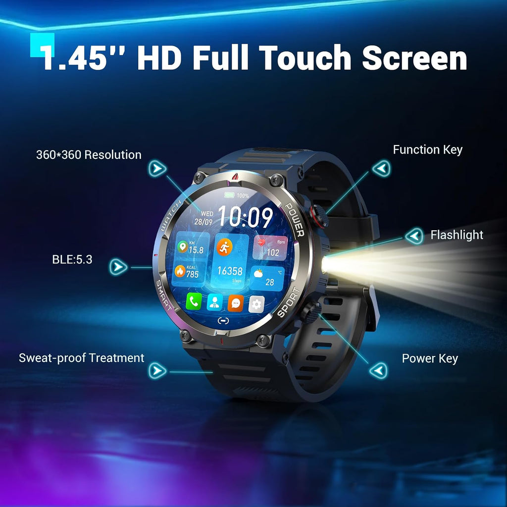 Reloj Inteligente Militar para Hombres (Responder/Realizar Llamadas), Reloj Inteligente Exterior con 100 Días de Batería/Linterna/Brújula/Frecuencia Cardíaca/SpO2/Sueño/2 Correas, Reloj Deportivo Robusto para iPhone/Android