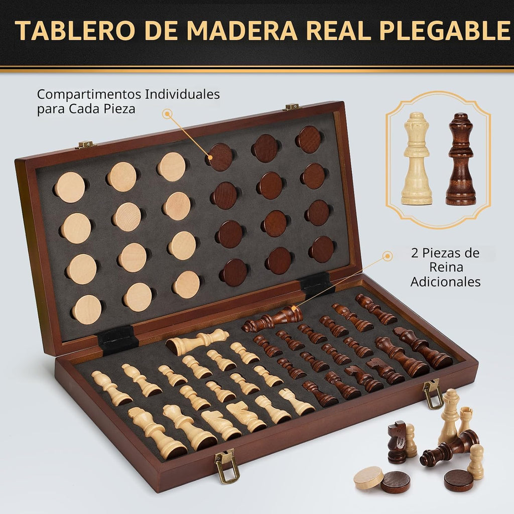 Juego de ajedrez magnético 2 en 1 y juego de mesa de damas, tablero de ajedrez plegable de madera de 15 pulgadas con 2 reinas adicionales, juego de ajedrez de viaje portátil con ranuras de