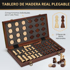 Juego de ajedrez magnético 2 en 1 y juego de mesa de damas, tablero de ajedrez plegable de madera de 15 pulgadas con 2 reinas adicionales, juego de ajedrez de viaje portátil con ranuras de