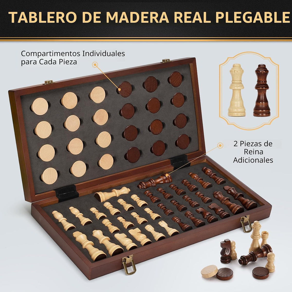 Juego de ajedrez magnético 2 en 1 y juego de mesa de damas, tablero de ajedrez plegable de madera de 15 pulgadas con 2 reinas adicionales, juego de ajedrez de viaje portátil con ranuras de