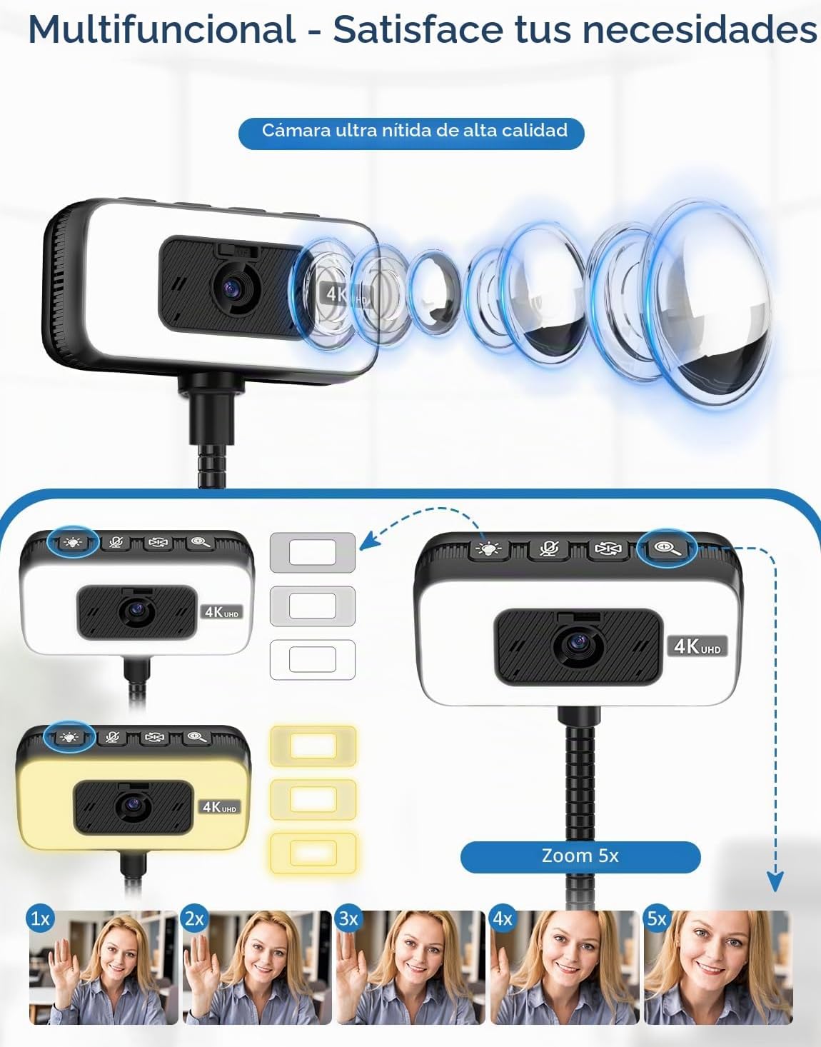 Cámara web 4K para PC con luz, enfoque automático PDAF y micrófono para