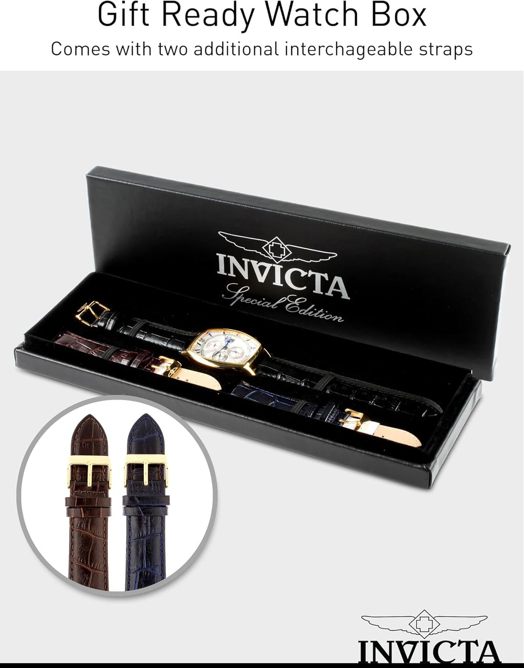 Invicta 14330 Specialty reloj chapado en oro amarillo 18 K con tres bandas de cuero para hombre