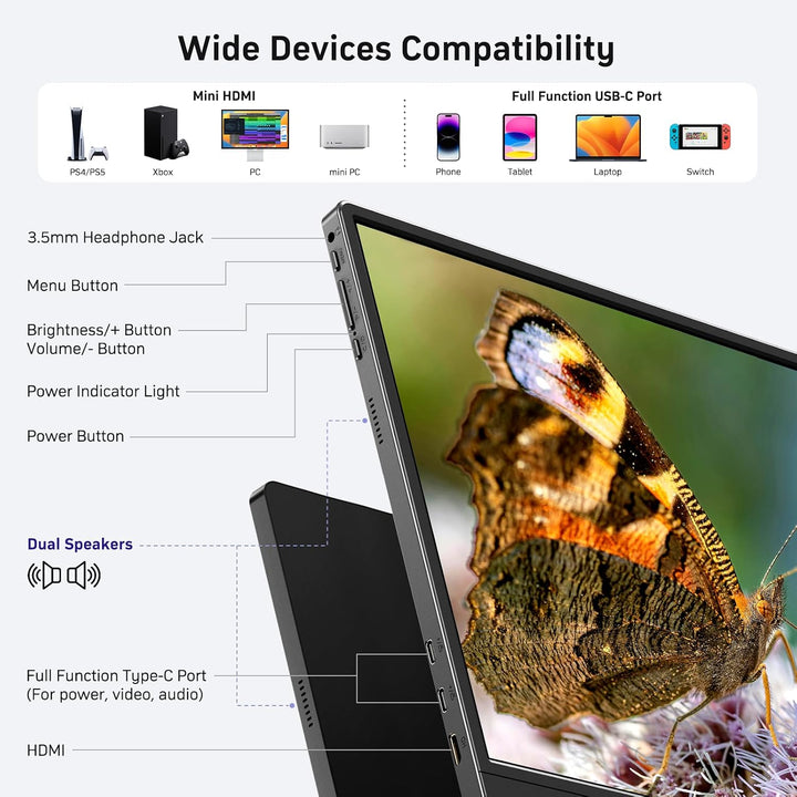 Anyuse Monitor portátil de 18.5 pulgadas 100Hz FHD 1080P IPS con so...