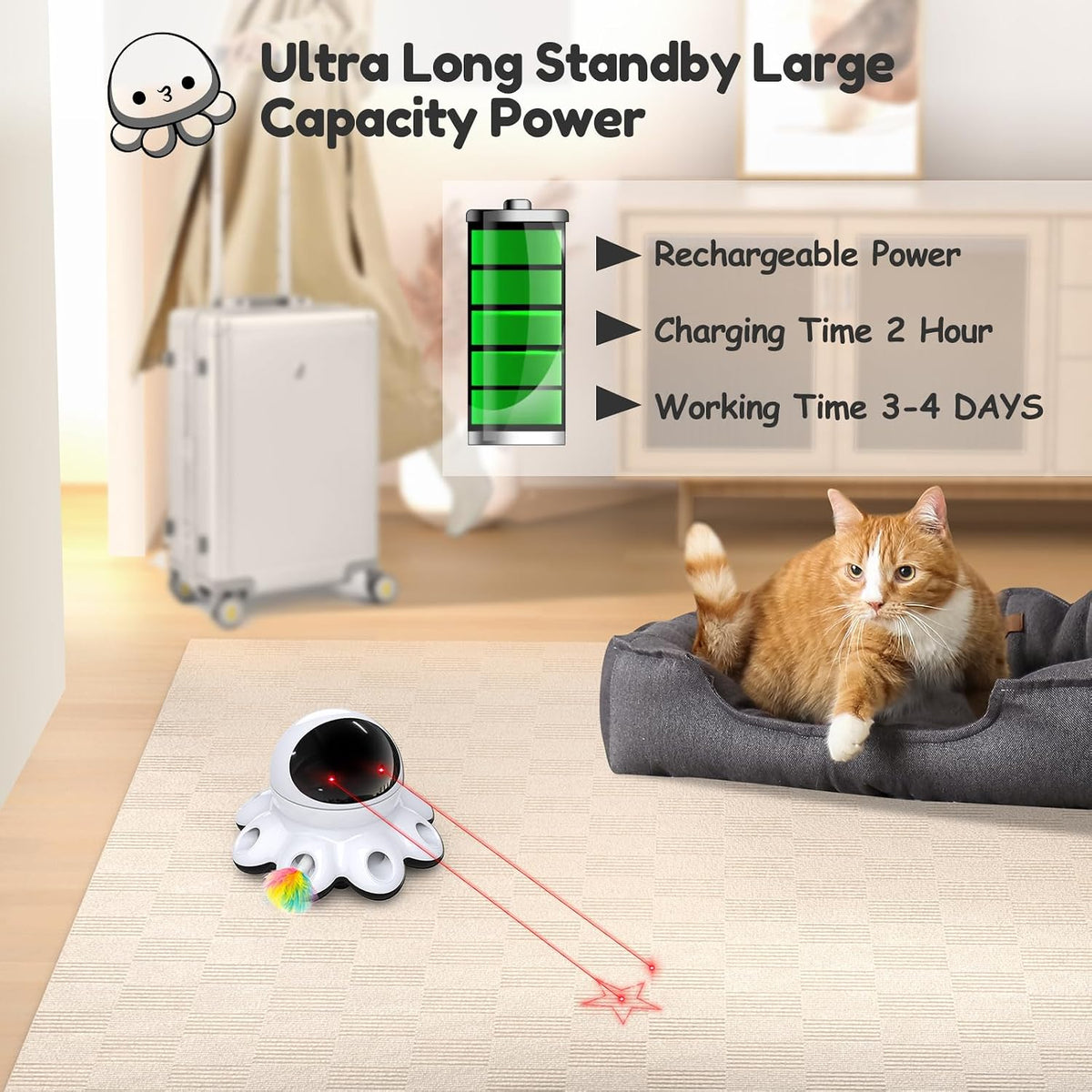 ORSDA Juguete láser para gatos, juguetes interactivos 2 en 1 para gatos de interior, puntero láser automático, 8 agujeros, ratones golpean una pluma móvil, juguetes electrónicos recargables por USB