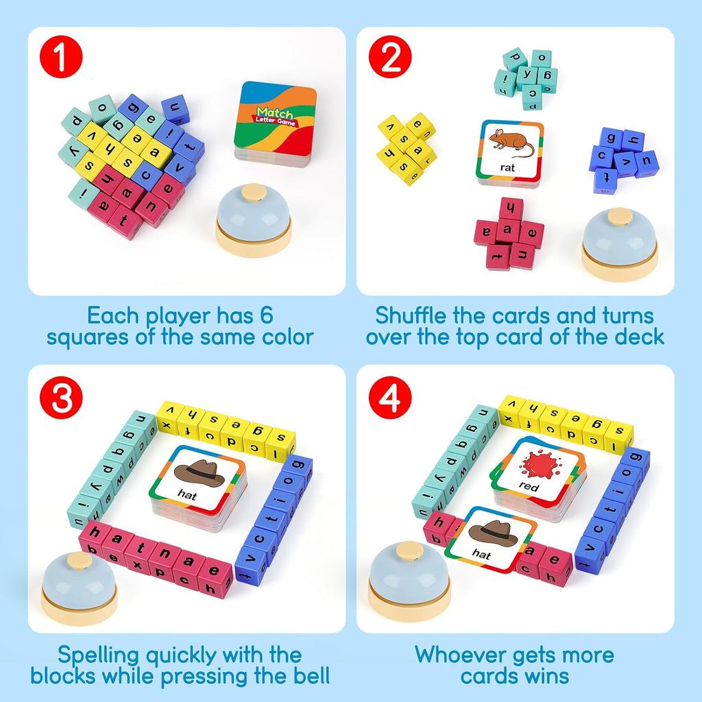Cubo de carreras de palabras - Bloques de letras del alfabeto de madera preescolar y juegos de coincidencia de fonética - Juguetes de aprendizaje de palabras CVC