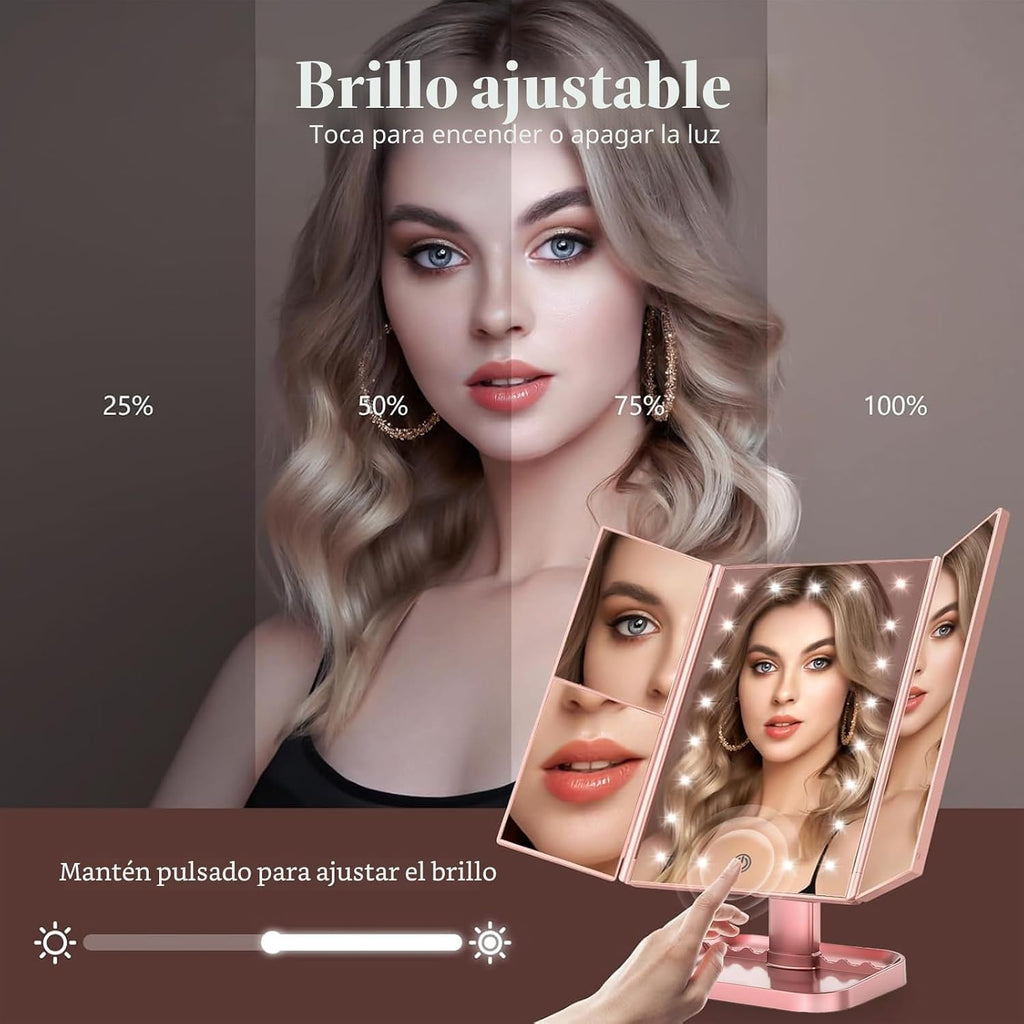Espejo de tocador con aumento 2X/3X/10X con iluminación, espejo de maquillaje plegable trifold