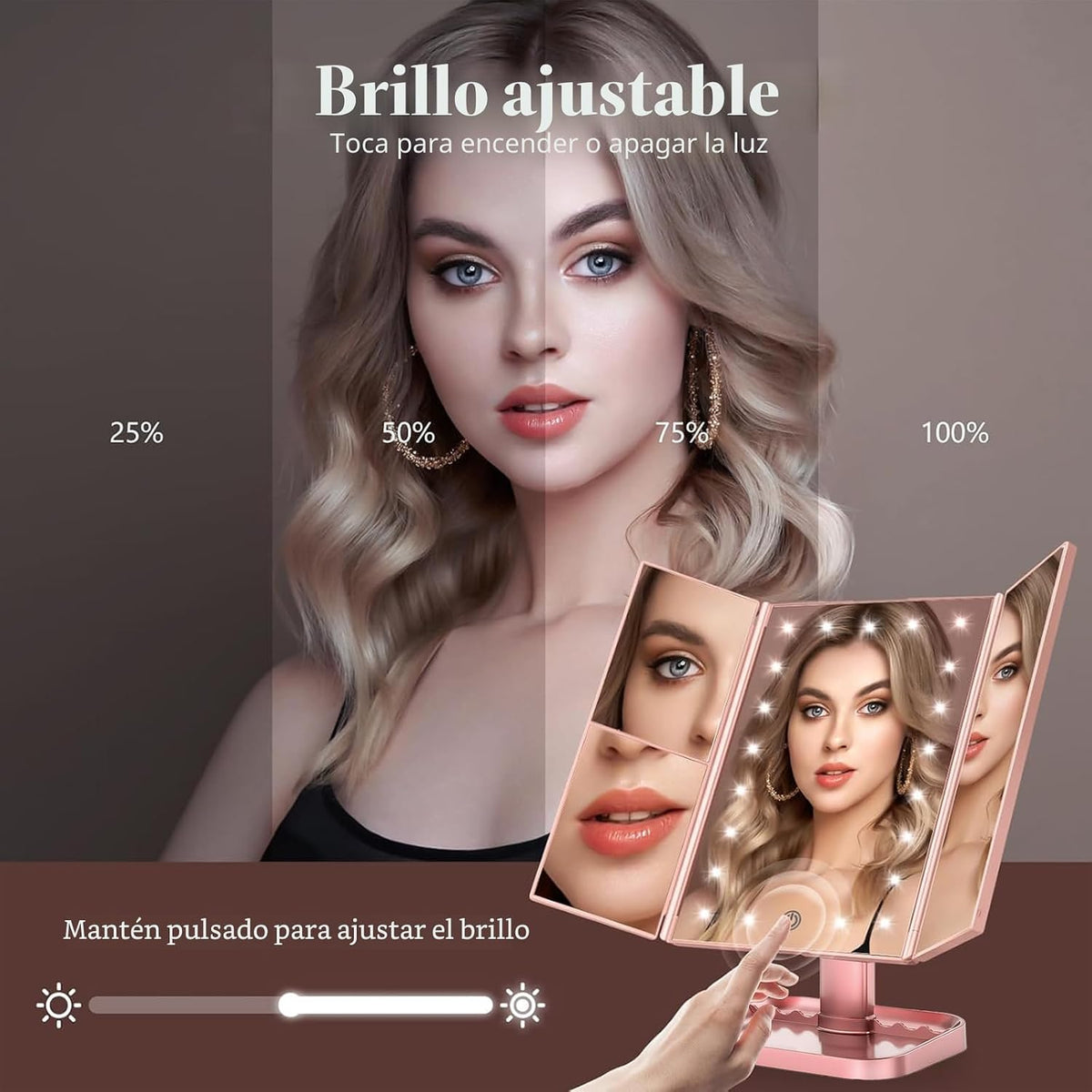 Espejo de tocador con aumento 2X/3X/10X con iluminación, espejo de maquillaje plegable trifold
