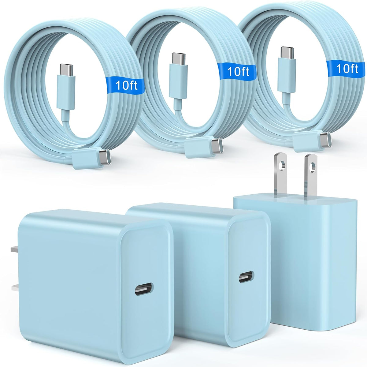 Cargador de carga rápida para iPhone 16 y 15, paquete de 3 cargadores USB C PD de 20 W con cable de 10 pies, cable USB C tipo C para iPhone 16/16 Plus/16 Pro/16 Pro Max/15/15 Pro/15 Pro Max (azul)