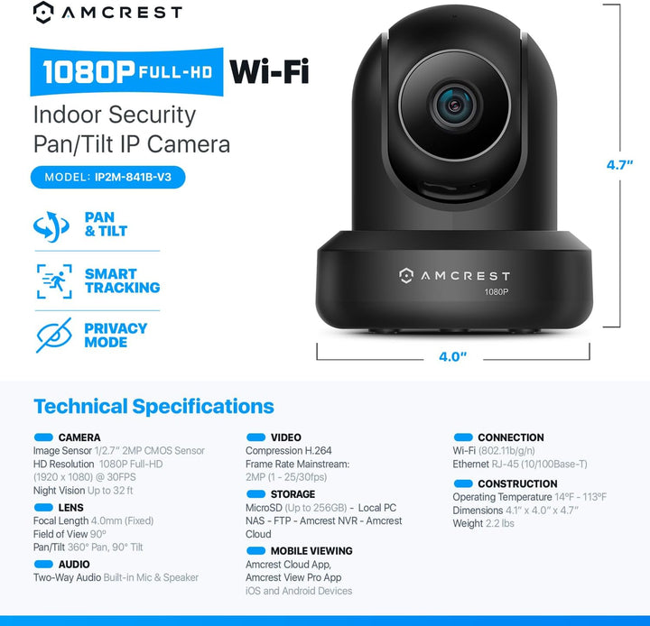 Amcrest ProHD 1080P WiFi 2MP (1920TVL) Cámara de seguridad inalámbr...