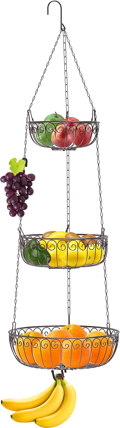 Simple Houseware - Cesta colgante para frutas de 3 niveles, bronce