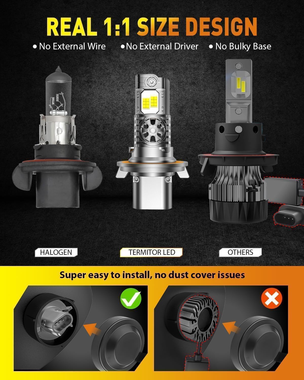 Termitor - Bombillas LED H13/9008 más brillantes para todoterreno, 10 veces más brillantes, 80,000 LM, 85 K+ horas, 6500 K blanco frío, IP68 impermeable, tamaño OEM 1:1, instalación de 3 minutos