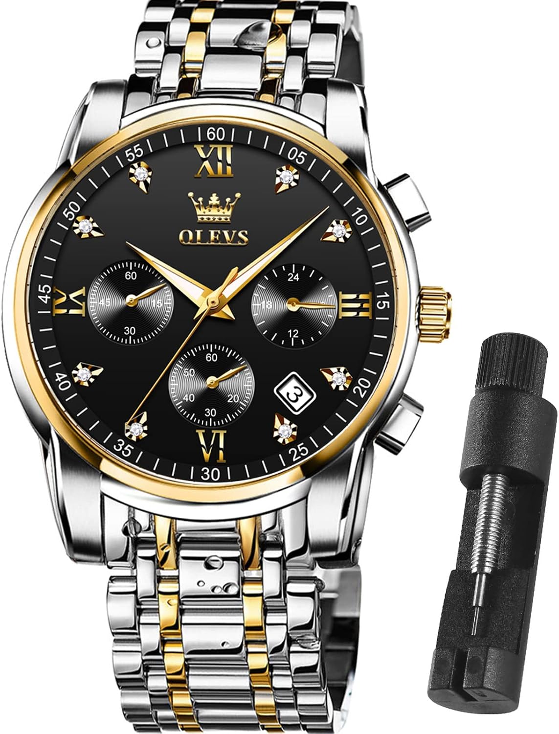 OLEVS Relojes de Oro para Hombres Reloj de Pulsera de Lujo a Prueba de Agua Gran Cara Elegante Acero Inoxidable Analógico Cuarzo Fecha Cronógrafo Luminoso Lectura Fácil Relojes de Negocios Regalos para Hombres Graduación