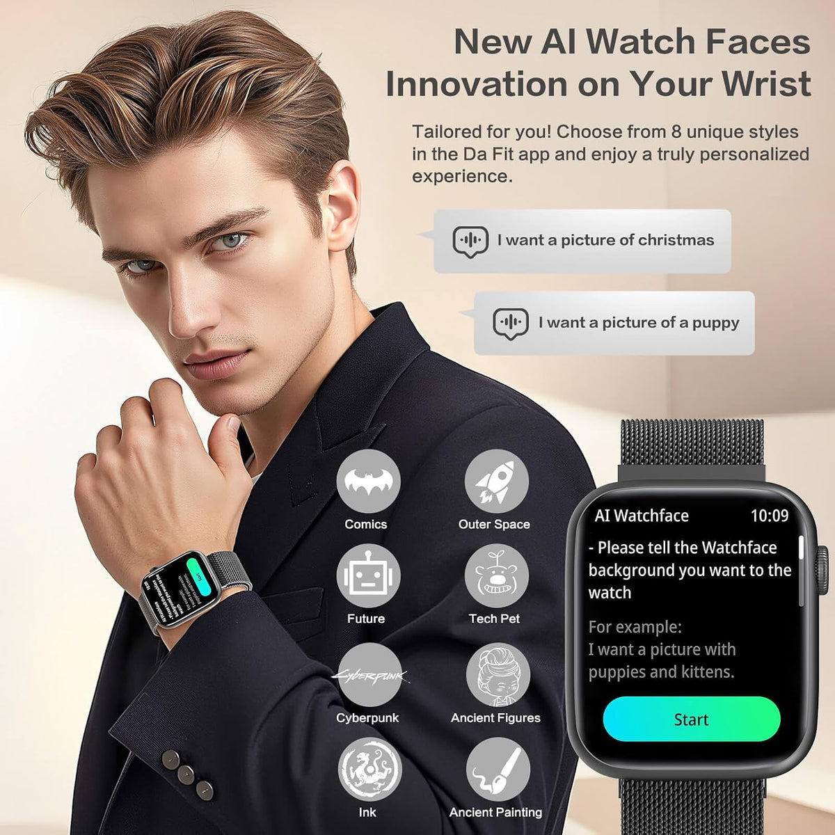 Smart Watch para Hombres 1.9" HD AMOLED AOD, DA GPT, Cara de Reloj AI