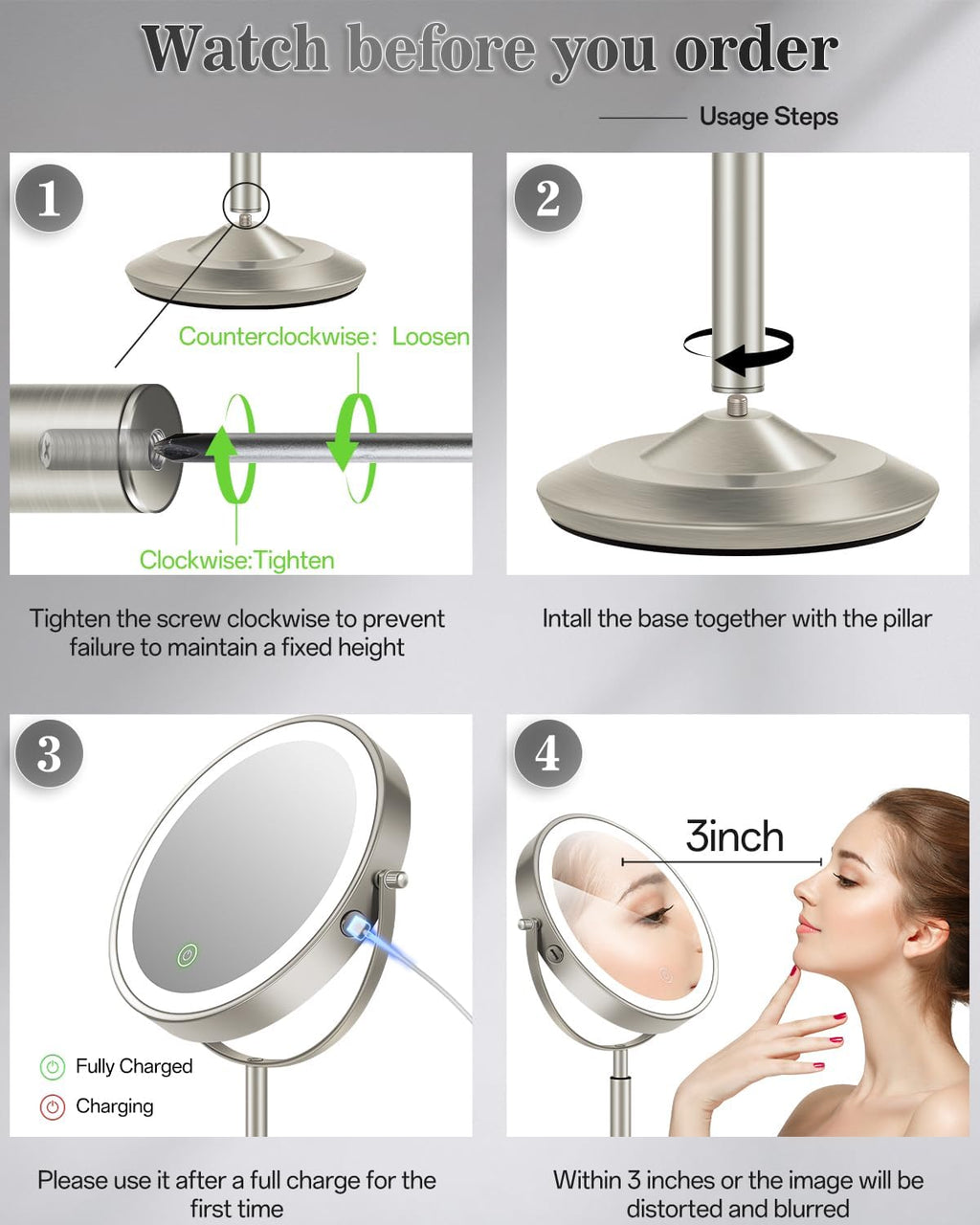 Espejo de maquillaje iluminado de 8 pulgadas con luz, espejo ajustable de altura de aumento 30X