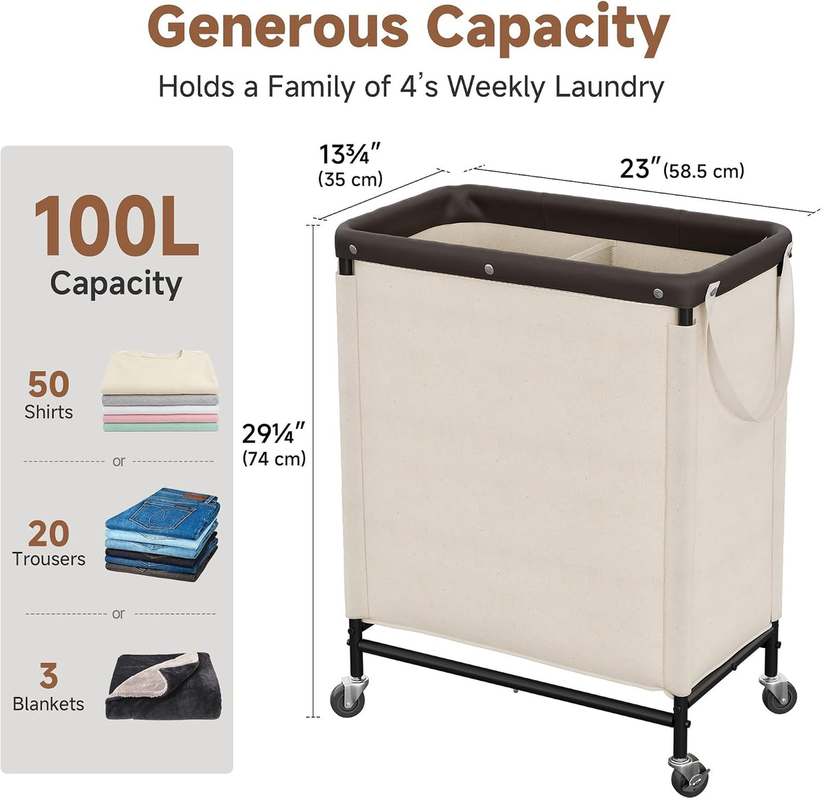 StorageWorks 2 Sección de Cesta de Lavandería, 100L Beige Clasificador con Ruedas