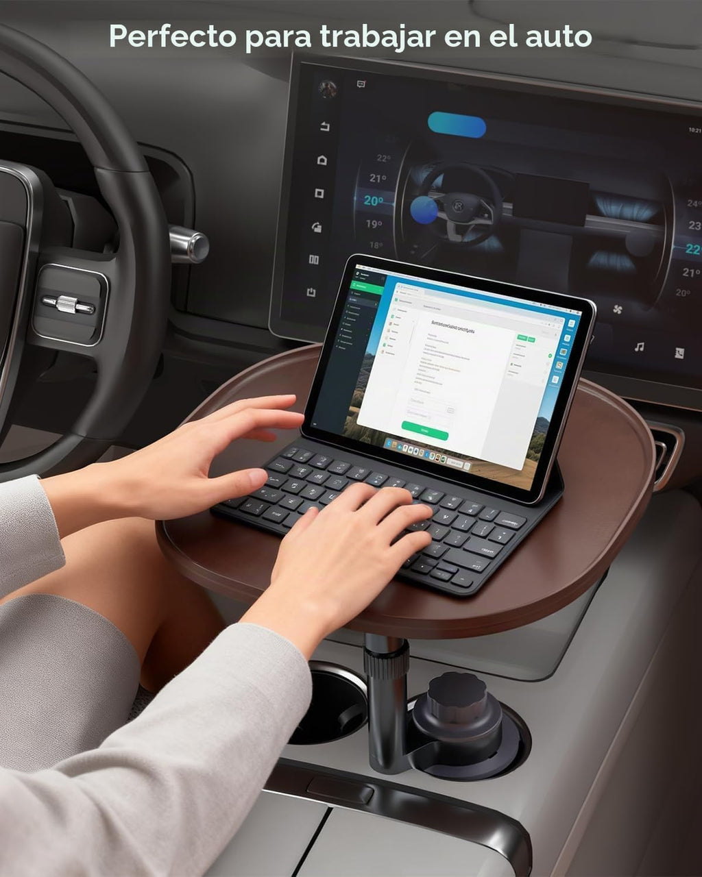 Mesa de bandeja para auto y escritorio para laptop – Trípode giratorio de 360° de altura ajustable, soporte de madera maciza para portátil y soporte para tazas, bandeja para volante para comedor, hogar, picnic al aire libre, senderismo y viajes (ovalado)
