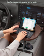 Mesa de bandeja para auto y escritorio para laptop – Trípode giratorio de 360° de altura ajustable, soporte de madera maciza para portátil y soporte para tazas, bandeja para volante para comedor, hogar, picnic al aire libre, senderismo y viajes (ovalado)