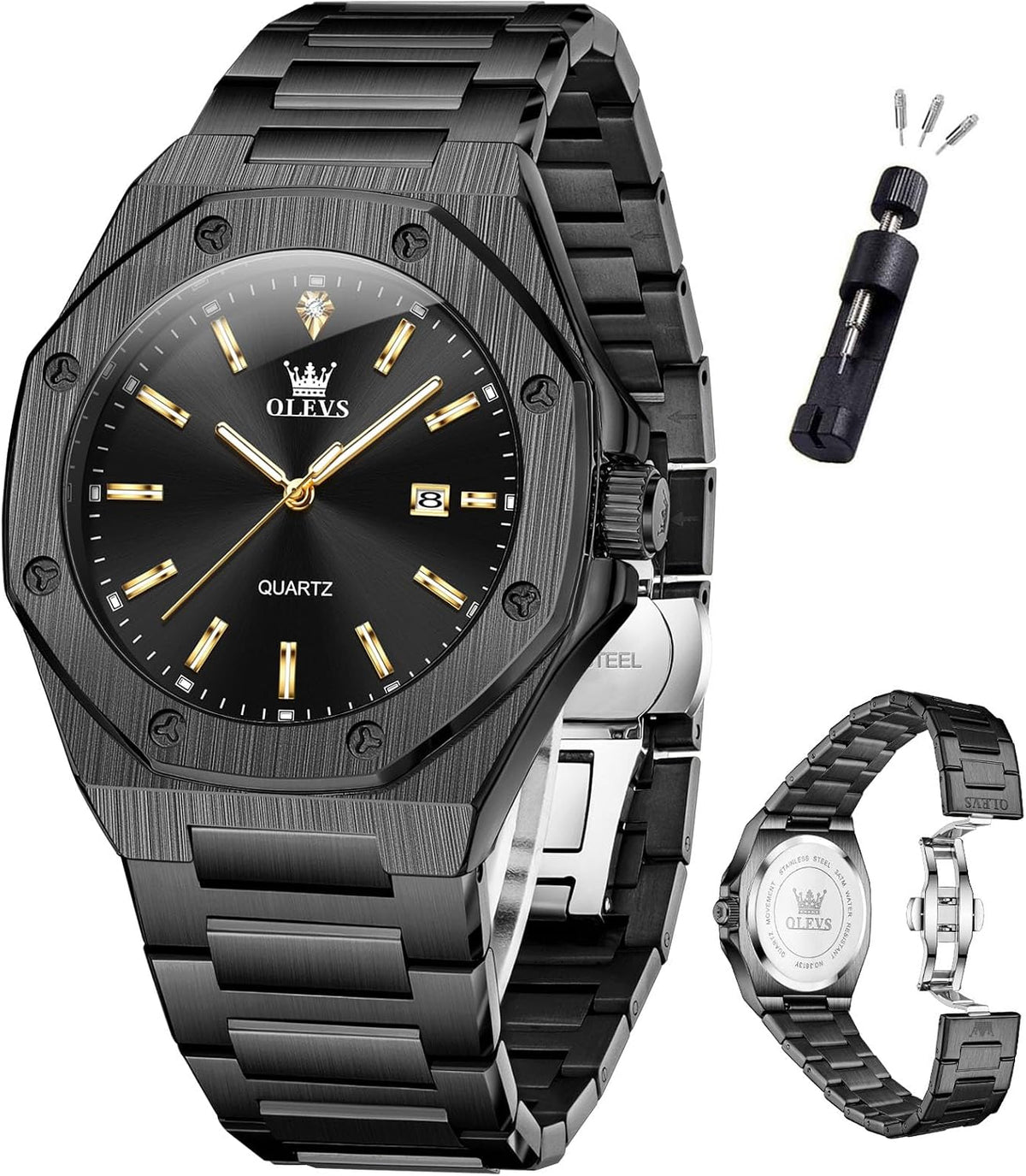 OLEVS Relojes para hombres de lujo octagonales en acero inoxidable de pulsera: reloj analógico de cuarzo de cara grande luminosa