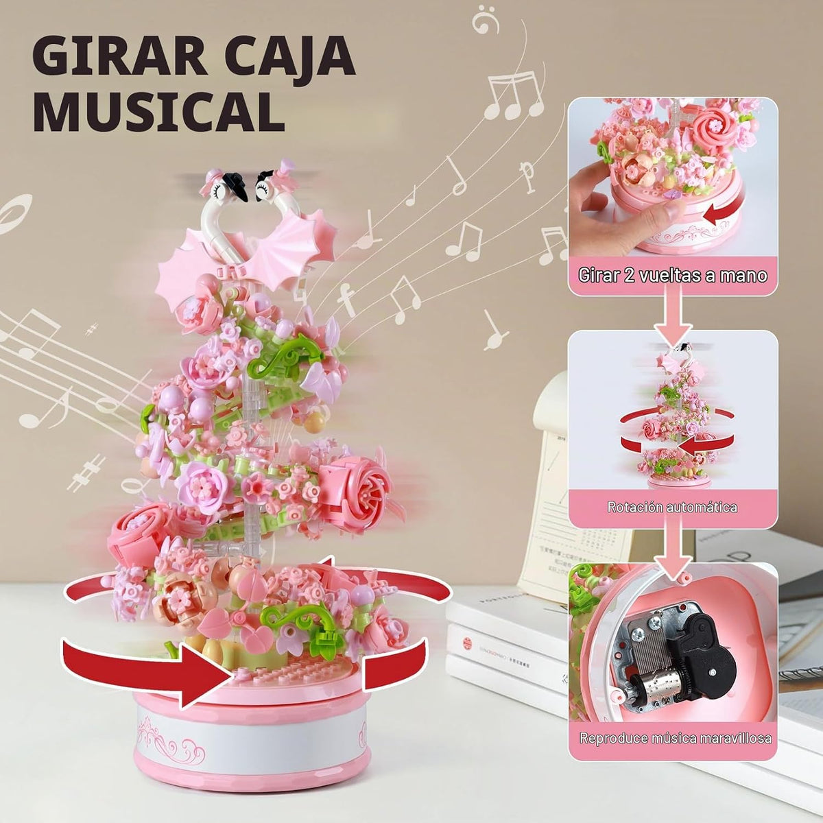 Kit de bloques de construcción de caja de música de flores con luz, 713 piezas, decoración giratoria, caja de música, colección botánica, día de la madre, regalos de cumpleaños para niñas, niños, adultos, niños a partir de 6 años