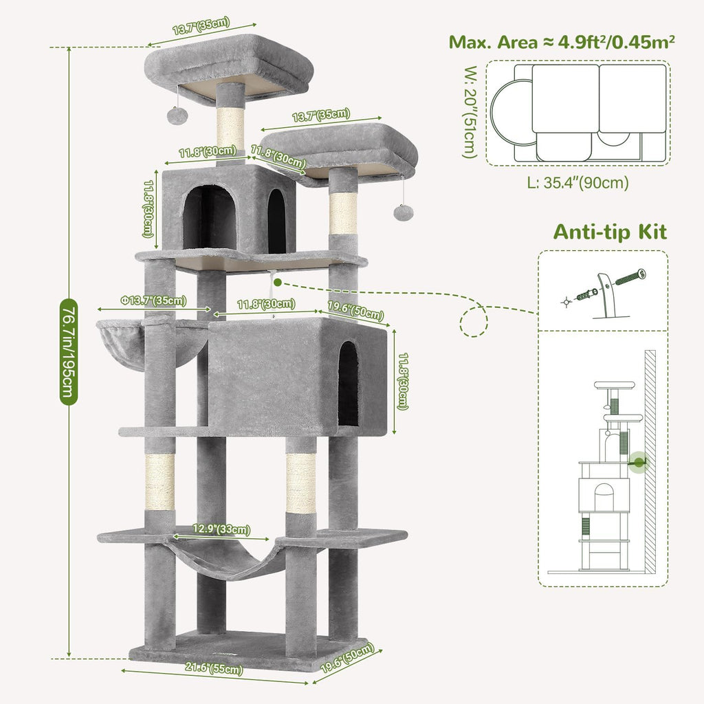 Globlazer Torre de árbol para gatos, muebles para gatos de varios niveles extra altos de 76 pulgadas con cómodos condominios, hamaca y perchas para gatos adultos, perfecto para escalar, rascar y jugar