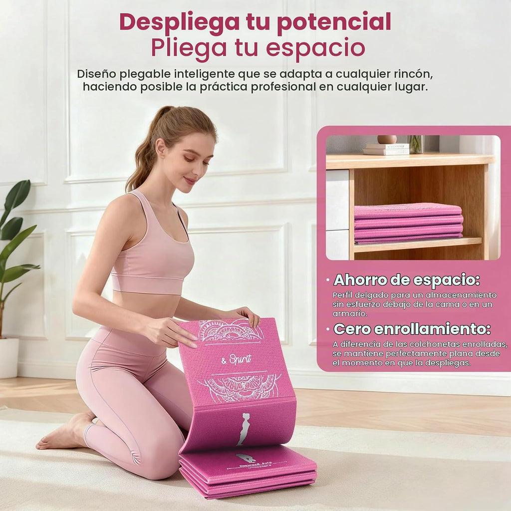 Juego de esterilla de yoga plegable y bloques para mujer con paquete de 2 bloques de yoga y correa, esterilla de pilates delgada antideslizante con bolsa, equipo de entrenamiento en casa, kit