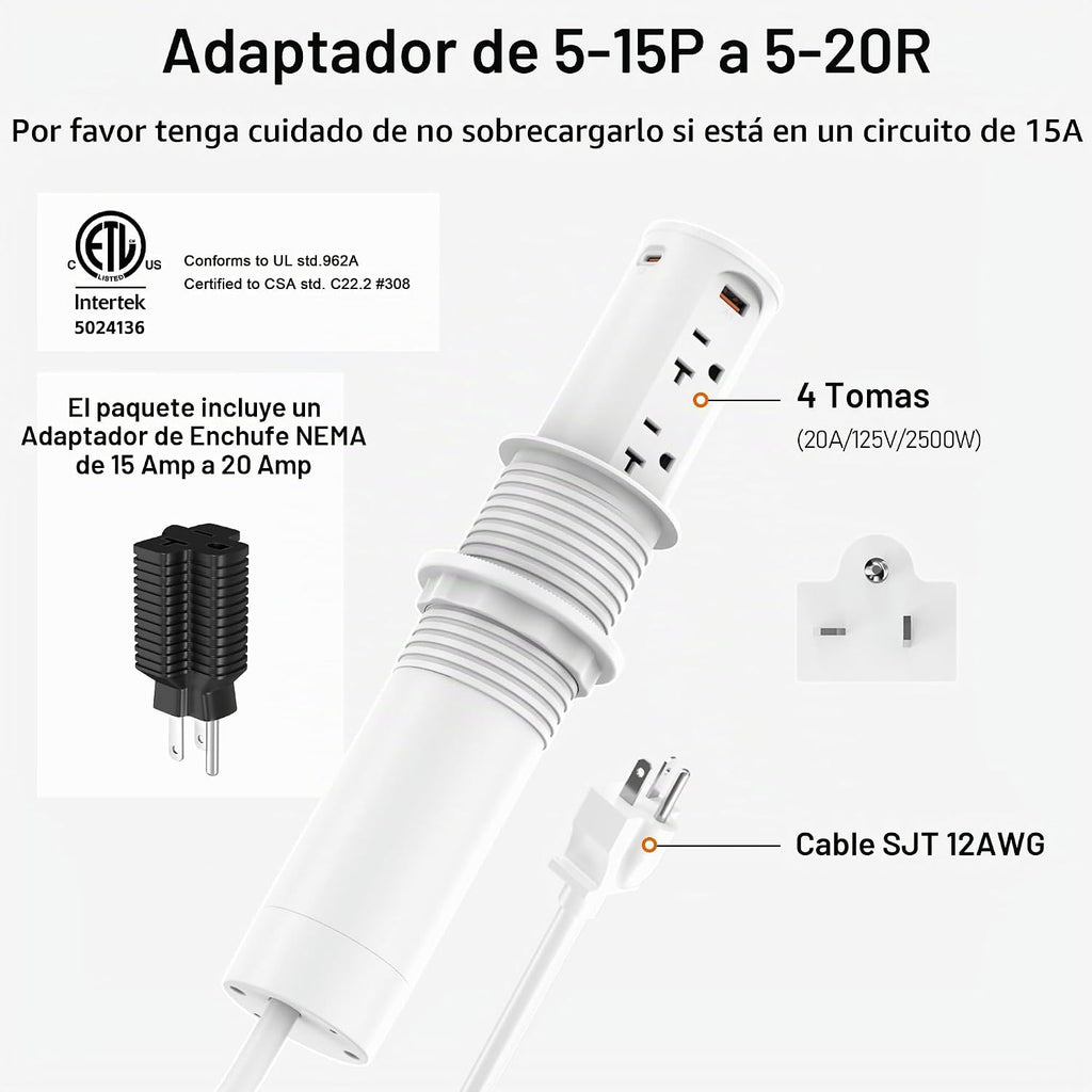 Toma de corriente desplegable de 20 A para encimera, tira de alimentación empotrada con agujero de 2.5 pulgadas, receptáculo resistente a manipulaciones, USB C de 20 W, 4 tomas, ahorro de espacio para cocina, escritorio de oficina, cable de extensión de 1