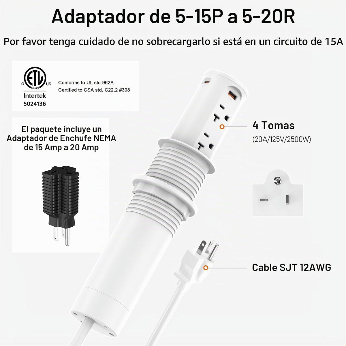 Toma de corriente desplegable de 20 A para encimera, tira de alimentación empotrada con agujero de 2.5 pulgadas, receptáculo resistente a manipulaciones, USB C de 20 W, 4 tomas, ahorro de espacio para cocina, escritorio de oficina, cable de extensión de 1