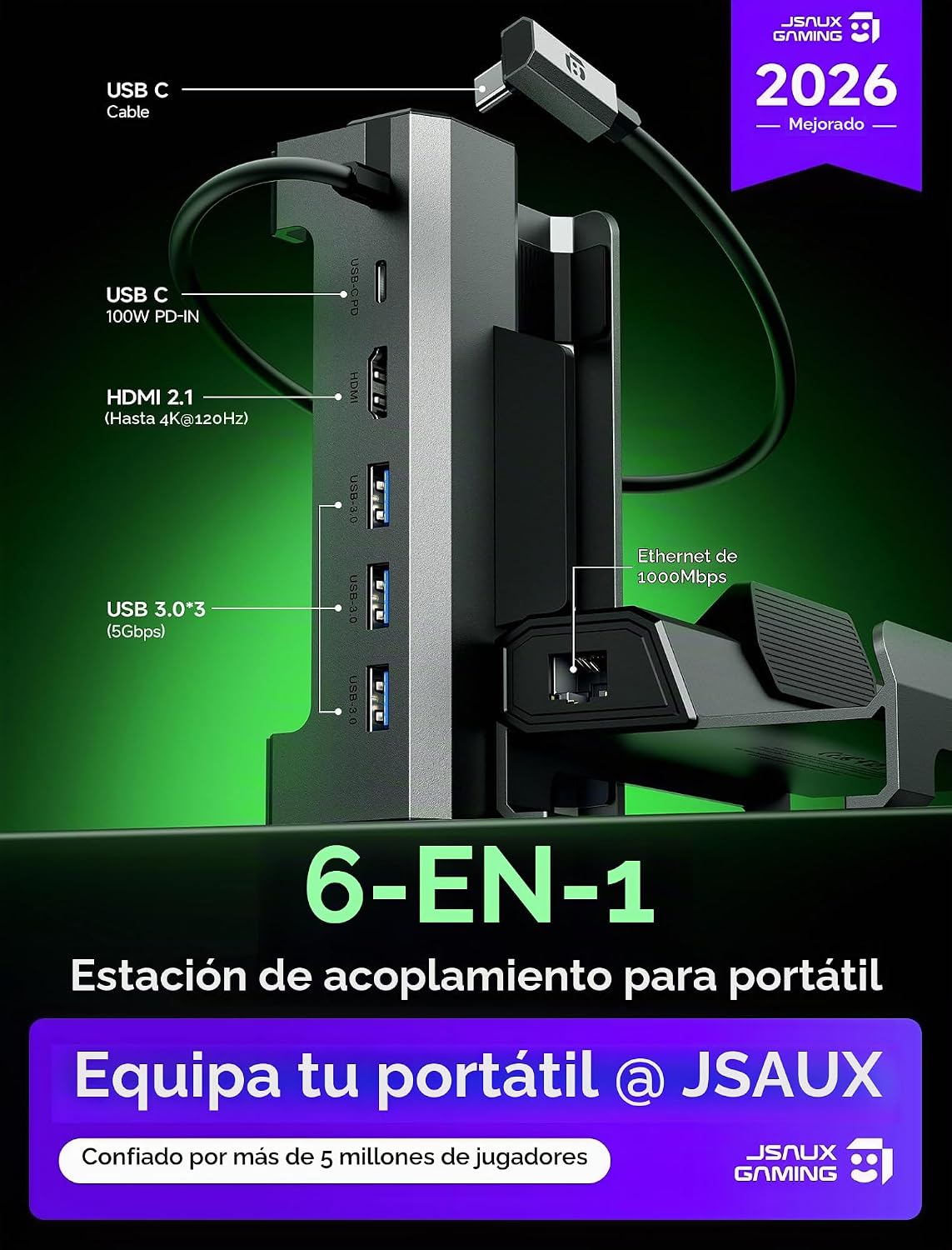 JSAUX Estación de acoplamiento 6 en 1 para ROG Xbox Ally X/Steam Deck