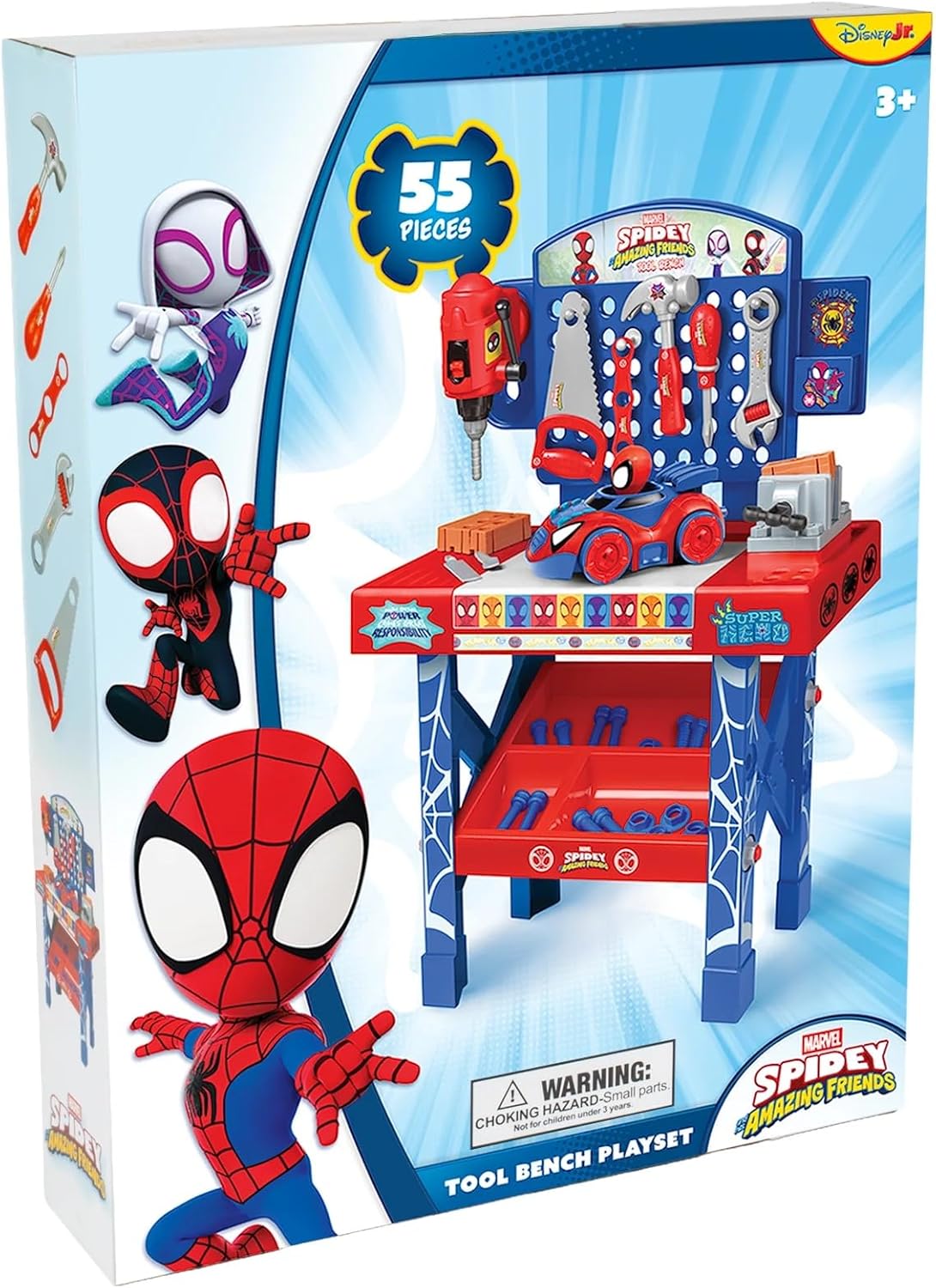 Marvel Spidey & His Amazing Friends - Juego de banco de herramientas de 55 piezas, auto desmontable