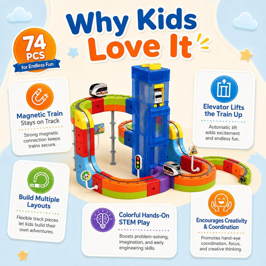 Juego de tren eléctrico magnético DIY para niños pequeños, elevador