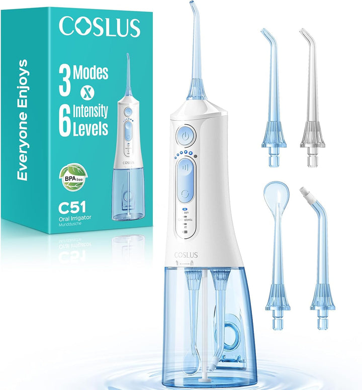 COSLUS Irrigador de agua portátil para dientes: 3 modos y 6 ajustes...
