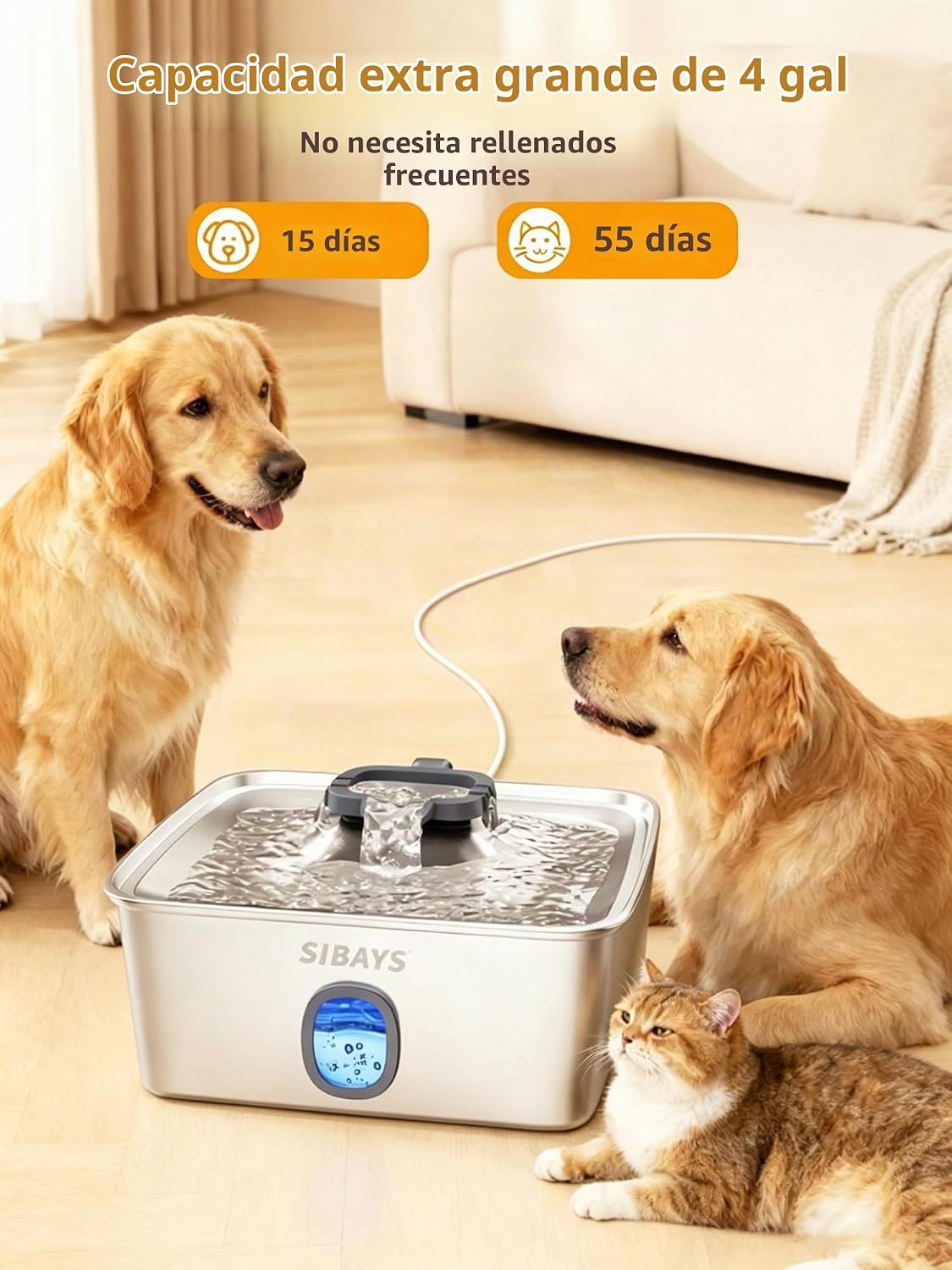 SIBAYS Fuente de agua grande para perros de 4 galones/15L, fuente de acero inoxidable para mascotas con ventana de agua y luz LED, dispensador automático ultra silencioso para perros grandes y múltiples mascotas, fácil de limpiar FS76