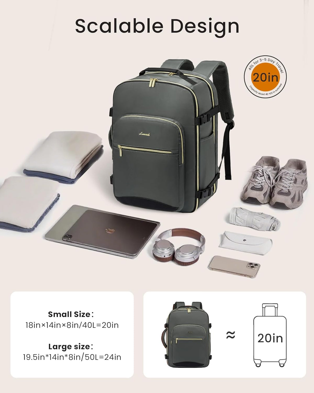 LOVEVOOK Mochila de viaje de mano, Menta Verde-crema-moca Marrón, M...