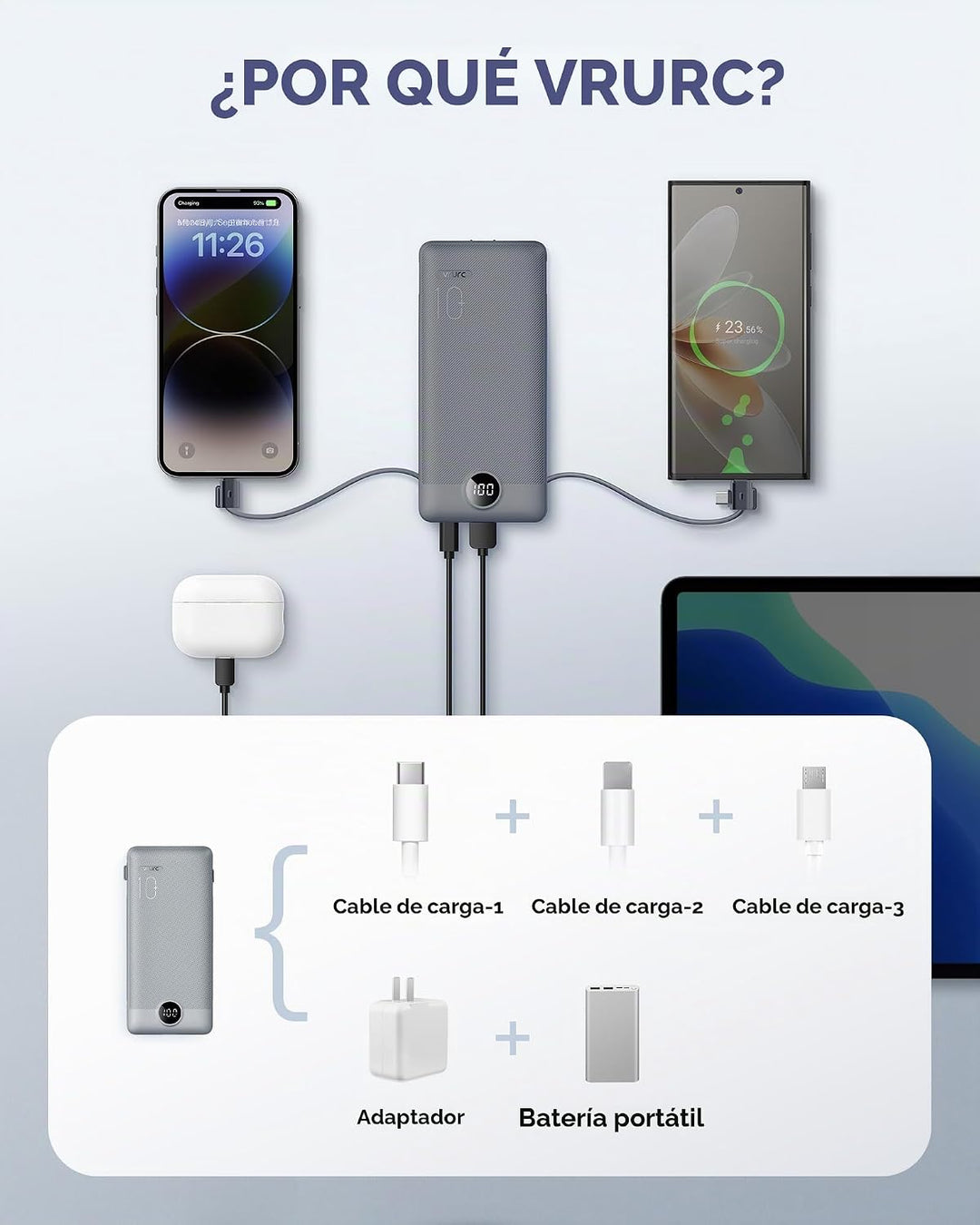 VRURC Cargador portátil con cables integrados y enchufe de pared AC...