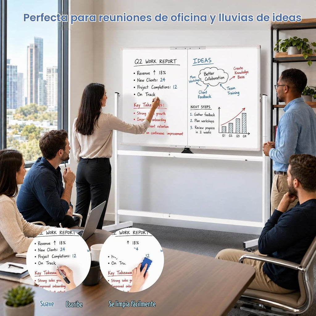 maxtek Pizarra blanca con ruedas, pizarra blanca magnética grande de 48 x 36 pulgadas con soportes, pizarra blanca grande de doble cara de borrado en seco sobre ruedas para escuela en casa, oficina en