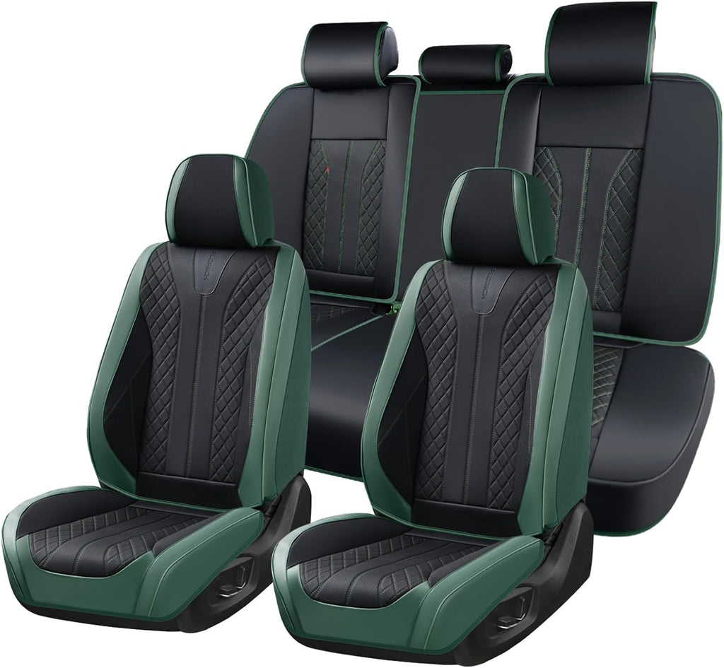 Juego completo de fundas de cuero para asientos delanteros y traseros de automóvil, impermeables, cobertura completa, protector de asiento de automóvil, ajuste universal para la mayoría de automóviles, SUV, camiones, negro y verde