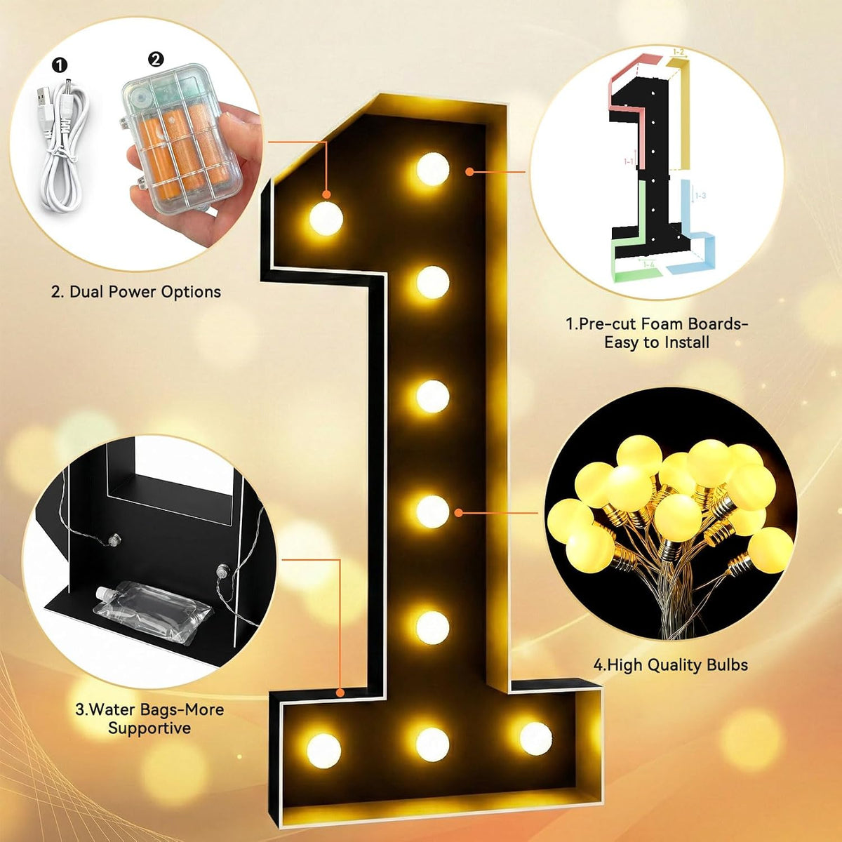 Ledido Números iluminados de marquesina negra de 4 pies 0, fácil de montar, números de marquesina blanca cálida de 4 pies de alto para eventos en interiores y exteriores, número grande iluminado para