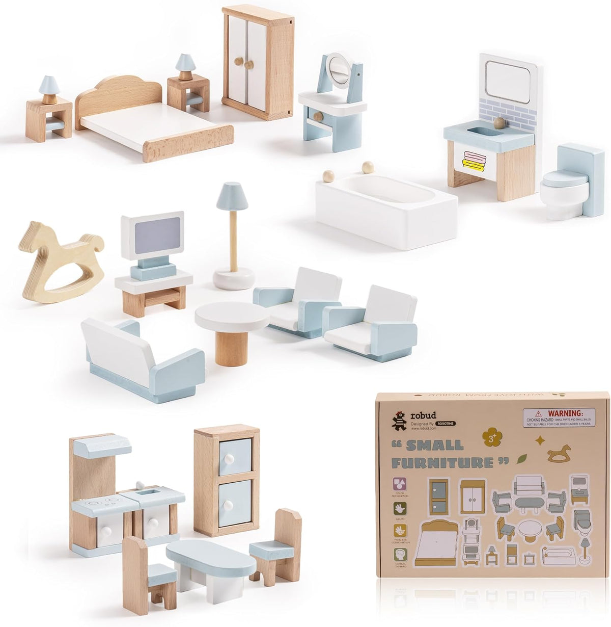 ROBUD Juego de muebles de madera para casa de muñecas, 23 piezas